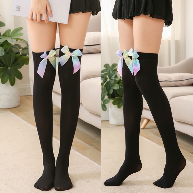 Tất Dài Qua Gối Phối Ren Co Giãn Đính Nơ Phong Cách Lolita