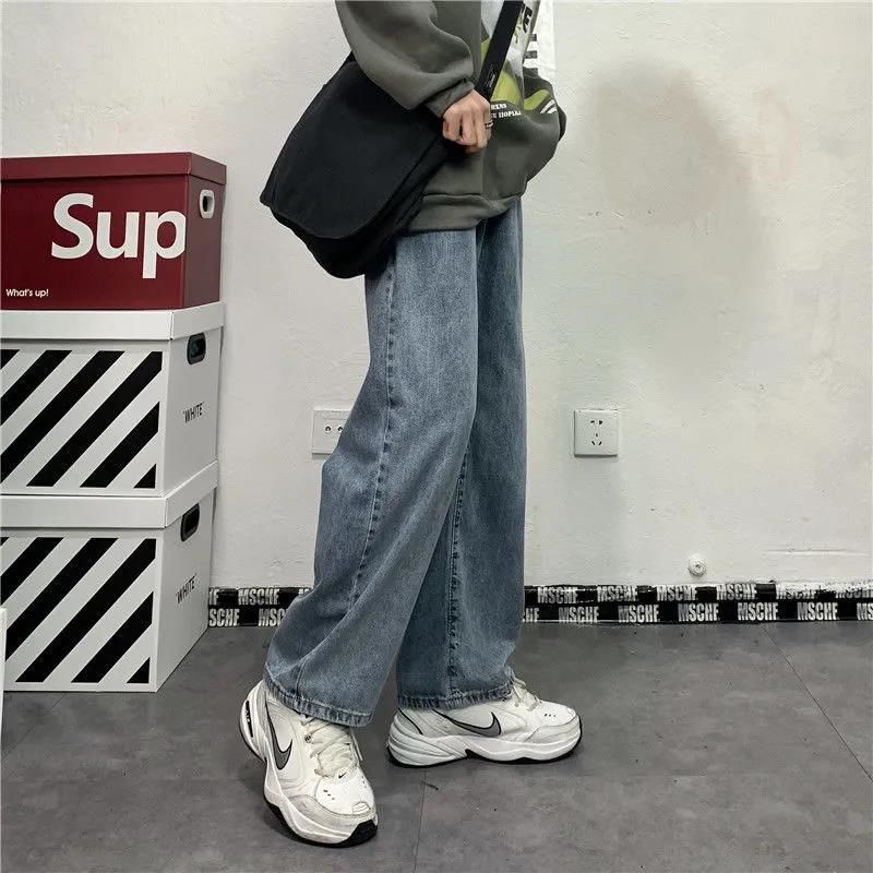 Quần jean ống rộng dáng suông thời trang retro phong cách Hàn Hong Kong cho nam nữ 19YD110