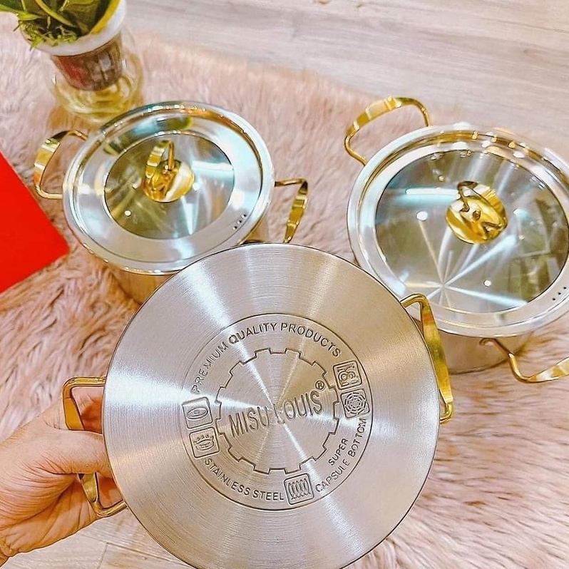 Bộ nồi inox Misu Louis truyền nhiệt nhanh, bộ nồi 3 đáy nắp thủy tinh chùi rửa dễ dàng chất liệu an toàn cao cấp Angola