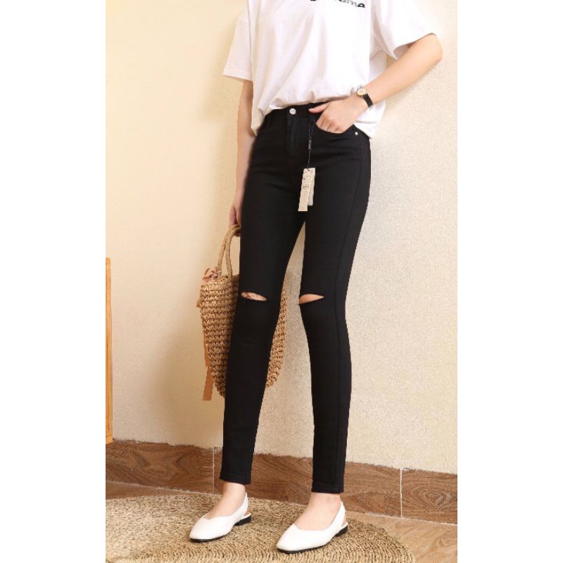 Quần jeans skinny đen  trắng rách ngang gối, quần bò nữ dáng ôm