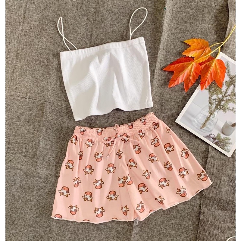 Quần short thun xòe nhiều hìn cạp chun, Quần ngủ vải cotton mịn mát co giãn ( giao ngẫu nhiên )