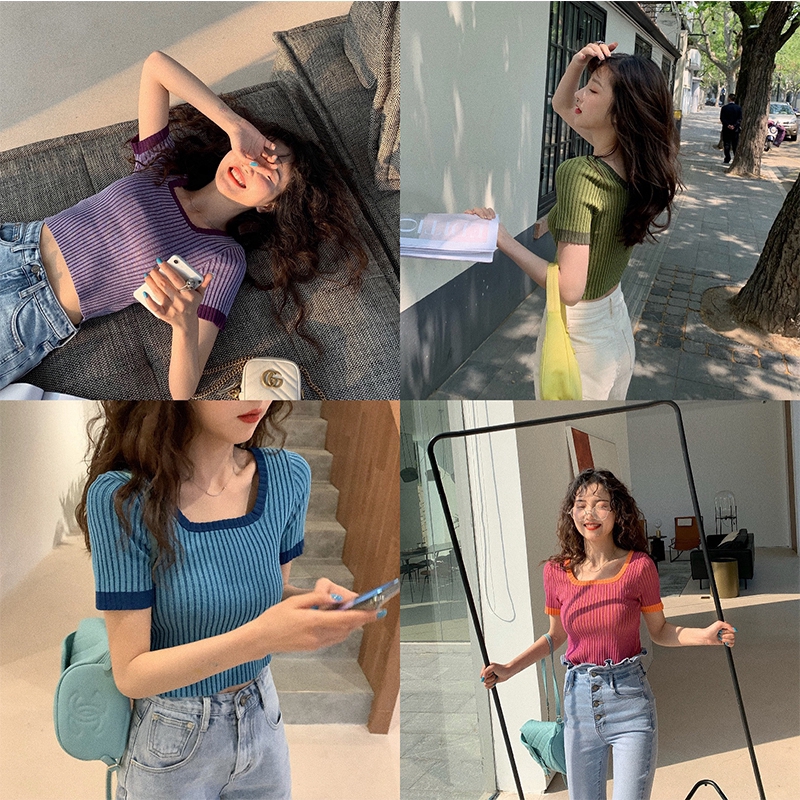 Áo Thun Tay Ngắn Cổ Vuông Dáng Ôm Phong Cách Hàn Quốc