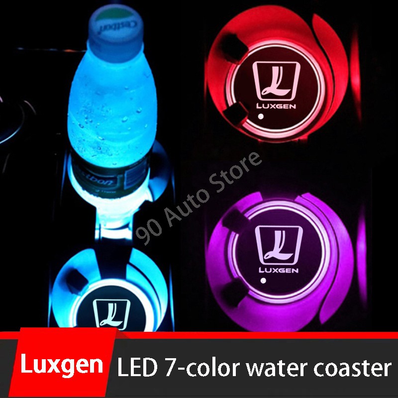 Set 2 tấm lót cốc nước 68mm 7 màu có đèn LED và cổng sạc USB cho Luxgen U5 U6 U7