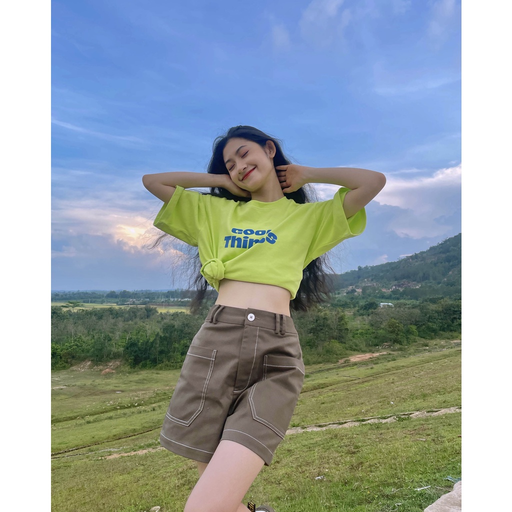 [Mã BMLTA50 giảm đến 50K đơn 99K] Áo thun cotton nữ form rộng in chữ Good Things thời trang GAGO màu xanh neon GA3918