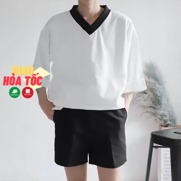 Áo thun nam cổ tim trắng tay lửng form rộng cổ V viền đen