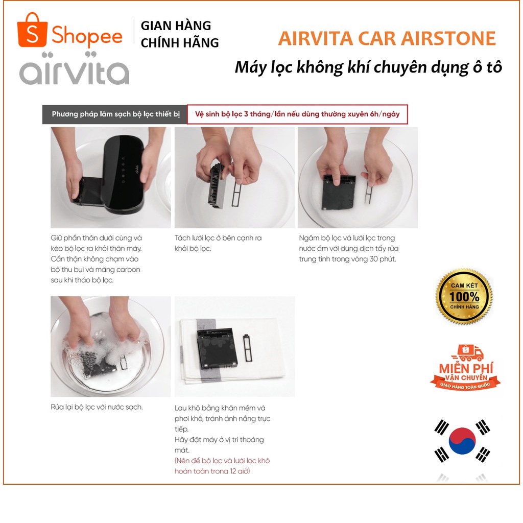 Máy lọc không khí ô tô Airvita Car Airstone Hàn Quốc lọc bụi mịn PM1.0 chỉ sau 10' - Nhập khẩu và bảo hành chính hãng