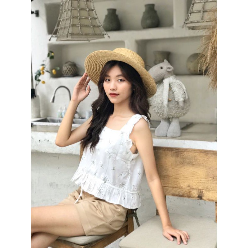 Áo dây bản to hoa nhí croptop cột nơ Áo kiểu nữ Vintage Freesize Ulzzang