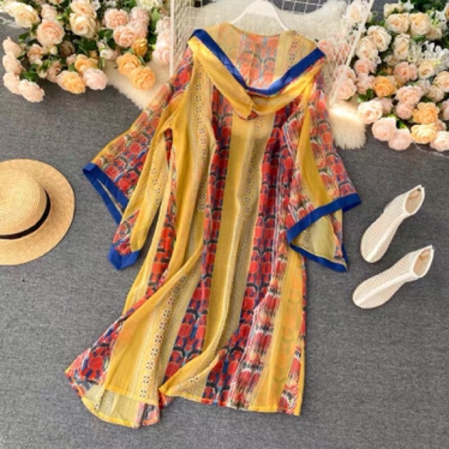 Áo khoác boho thổ cẩm tua rua có mũ vintage màu vàng hoạ tiết nổi bật dáng dài tay rộng đi du lịch đi chơi