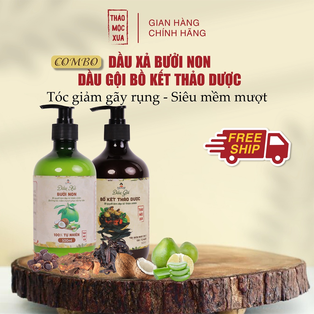 Combo giúp tóc giảm gãy rụng và mềm mượt gồm Gội Bồ kết - Xả bưởi non Thảo Mộc Xưa