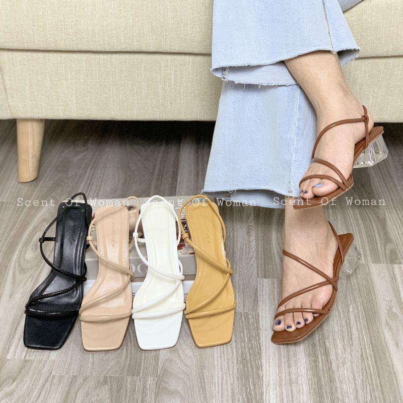Giày sandal cao gót mũi vuông phối dây gót vuông trong suốt cao 3cm