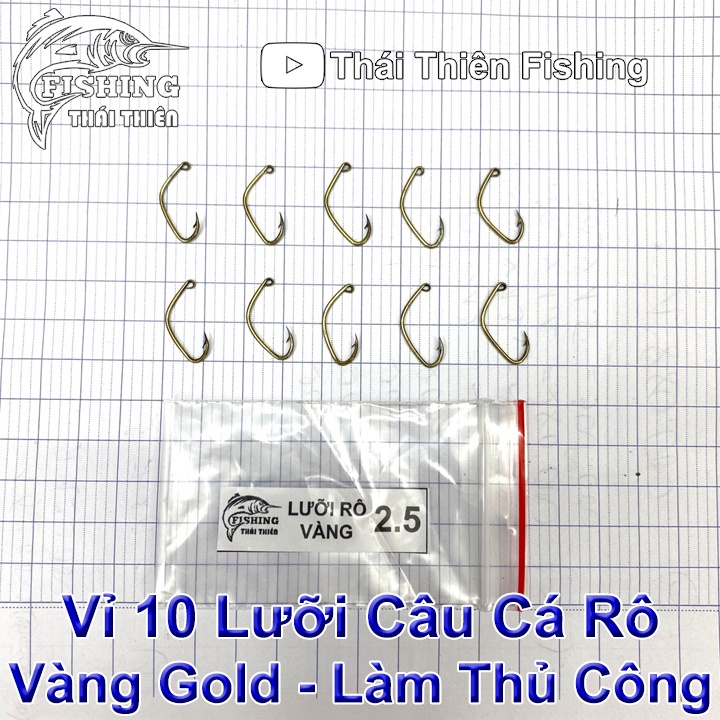 Lưỡi Câu Cá Rô Vàng Gold Cao Cấp Làm Thủ Công Có Ngạnh Xỏ Lỗ Vỉ 10 Cái Nhiều Kích Thước