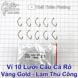 Lưỡi Câu Cá Rô Vàng Gold Cao Cấp Làm Thủ Công Có Ngạnh Xỏ Lỗ Vỉ 10 Cái Nhiều Kích Thước