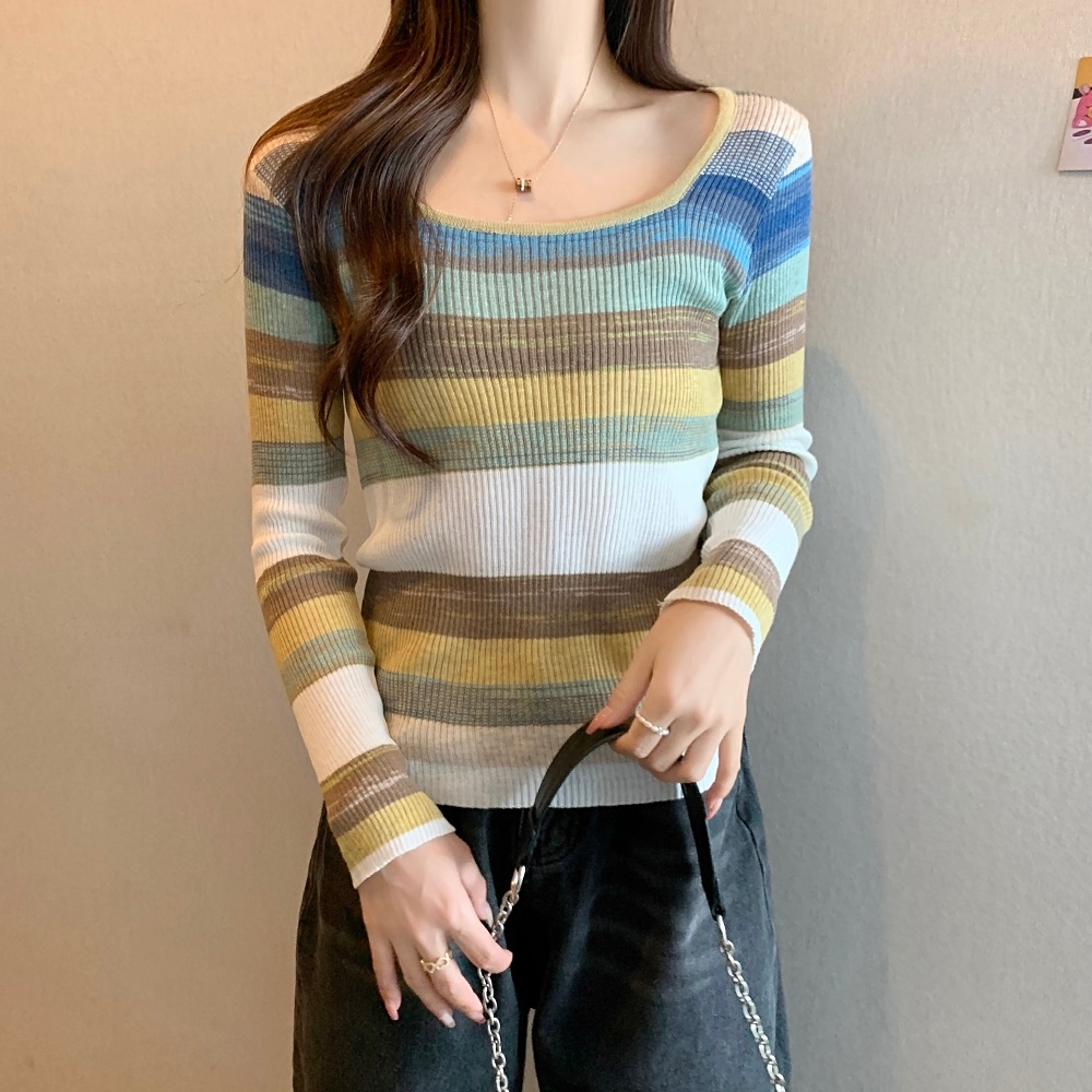 Áo dệt kim ZHELIHANGFEI tay dài dáng ôm họa tiết sọc màu cầu vồng dễ phối đồ thời trang