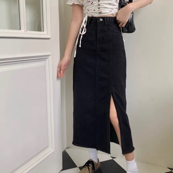 [Bigsize 55-84kg] Chân Váy Dài Xẻ Lai Đen Tuyền 7502, Lưng Cao, Không Giãn, Dài 75cm