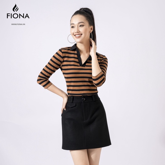 Áo thun cotton nữ cổ đức FIONA, áo thun dài tay thu đông dáng ôm kẻ ngang phối màu F520694