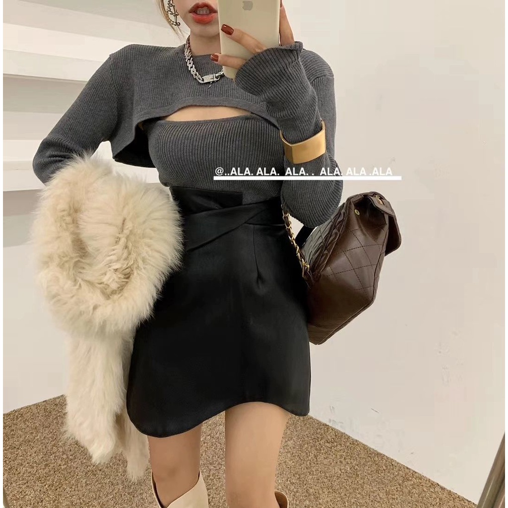 Chân váy chữ A bằng da PU phong cách Hàn Quốc dành cho nữ