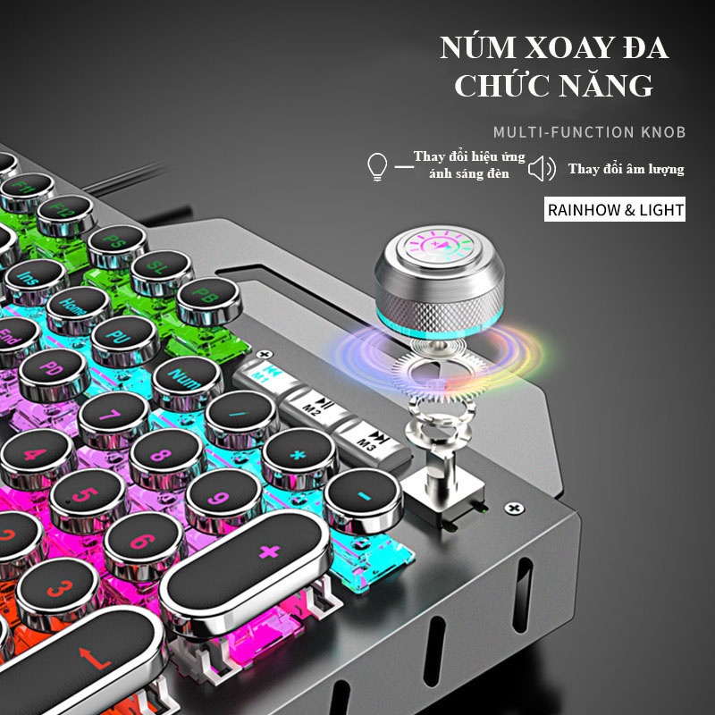 Bàn phím cơ Blue switch XinMeng K901, Bàn phím gaming chính hãng led RGB Phím tròn mạ bạc cá tính có núm xoay đa năng