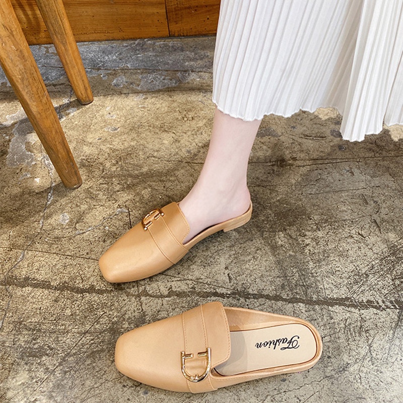 Dép bít mũi IELGY gót thấp phối khóa kim loại thời trang cho nữ