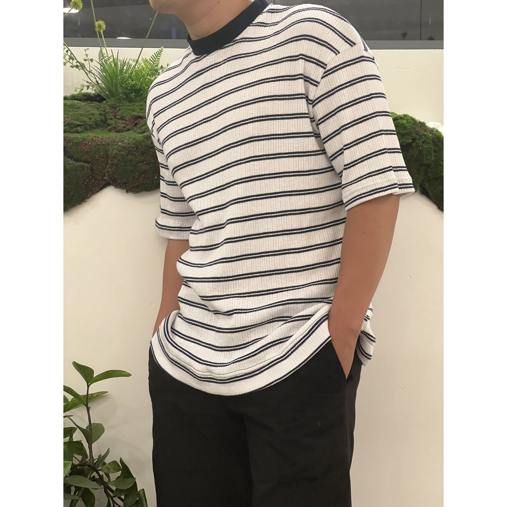 Áo thun Stee Cổ ôm Sọc ngang B&amp;W CVC - Giá sỉ Unisex