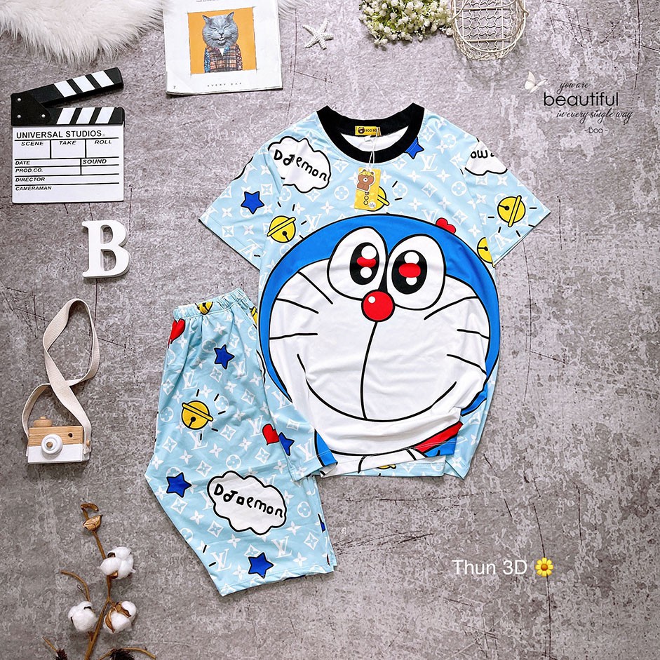 Bộ Ngủ Pijama Thun Lạnh 3D Cao Cấp Tay Ngắn Quần Lửng Họa Tiết Hoạt Hình Dễ Thương