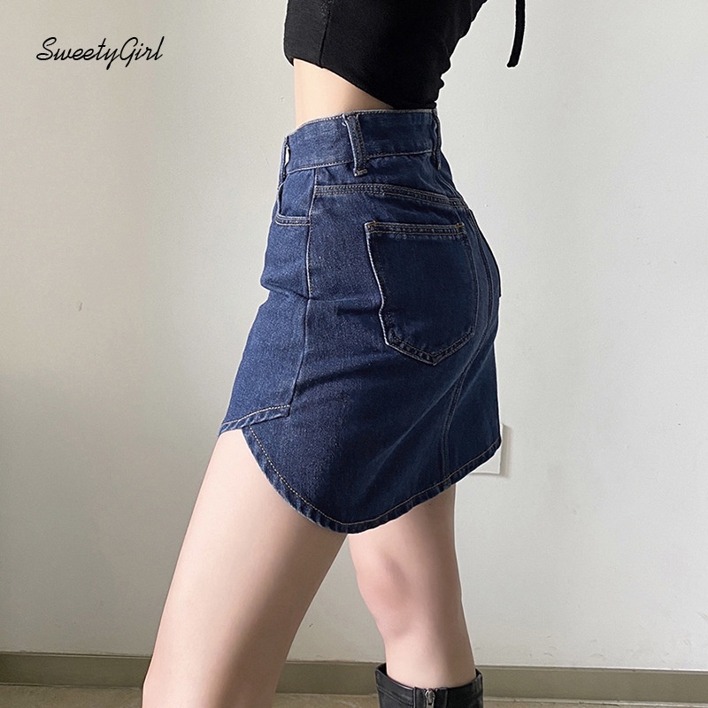 Chân váy jean Lưng Cao Màu Trơn Phối Khóa Kéo Thời Trang Đường Phố Cho Nữ