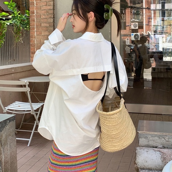 Áo sơ mi ZHELIHANGFEI tay dài cổ bẻ dáng rộng thời trang quyến rũ cho nữ