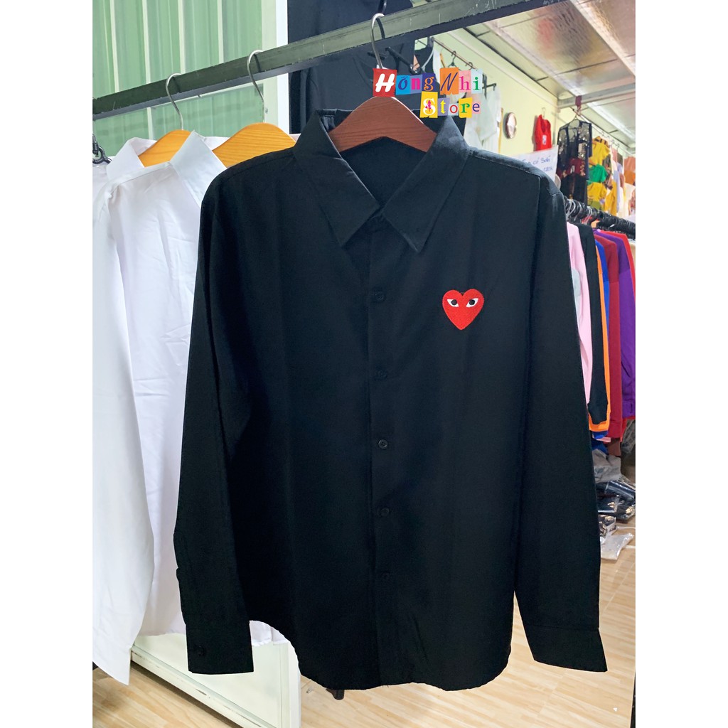 SƠ MI ĐEN DÁNG RỘNG UNISEX THÊU TIM ĐỎ TAY DÀI - MM