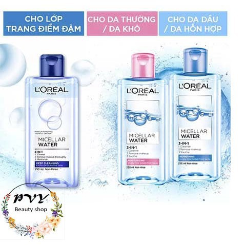 Nước Tẩy Trang Cho Mọi Loại Da L'Oreal Paris 3-in-1 Micellar Water 400ml - Da khô, Da dầu, Da hỗn hợp #Pvy Beauty