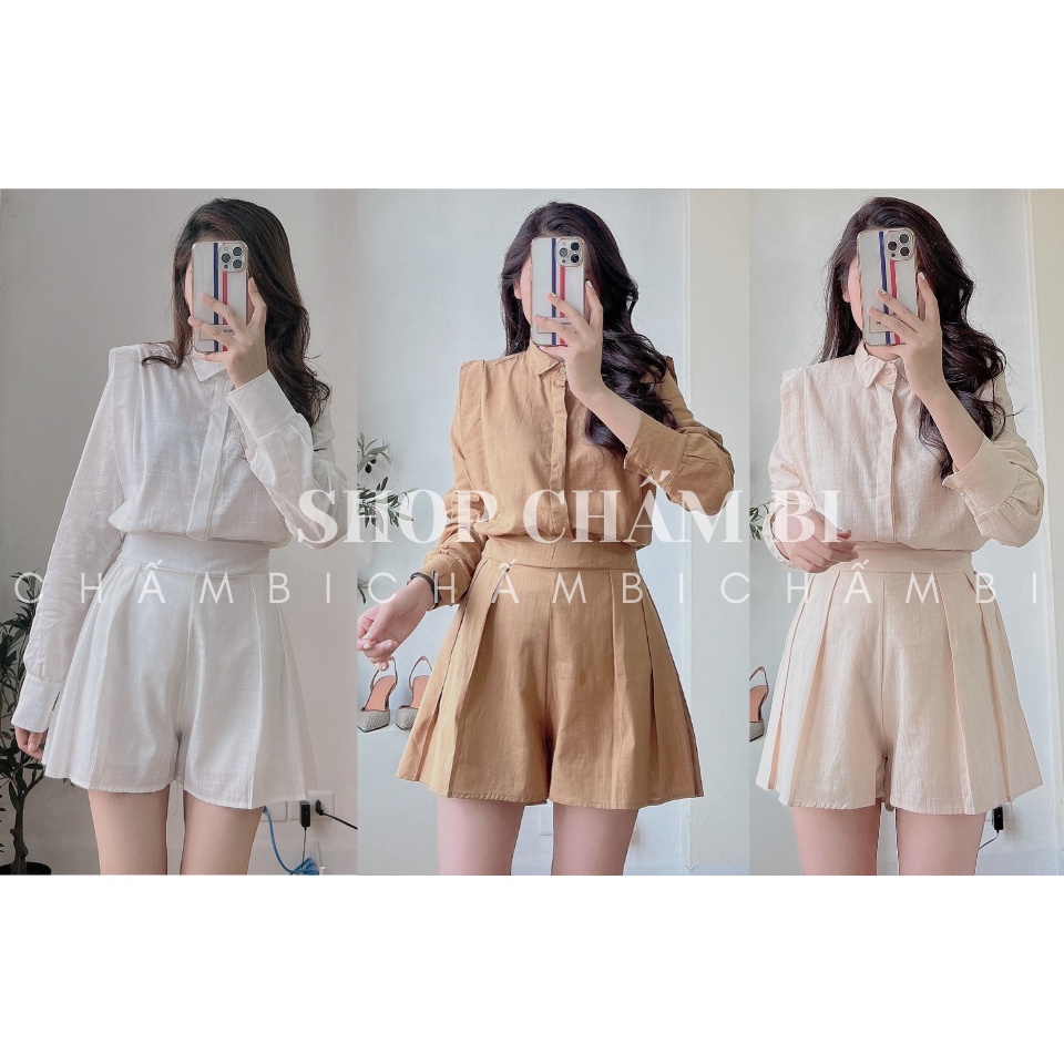 Set đồ nữ sang chảnh S.076, Set áo sơ mi trắng cách điệu và quần short trắng ống rộng xếp ly nhẹ tiểu thư