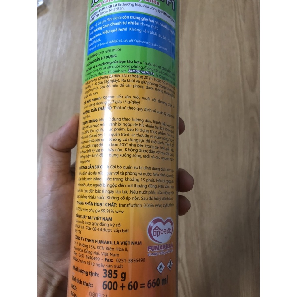Chai xịt muỗi Jumbo Vape hương cam chanh 660ml