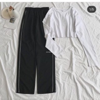 💯Set Bộ Quần 2 Sọc Ống Suông + Áo Crop Tay Dài