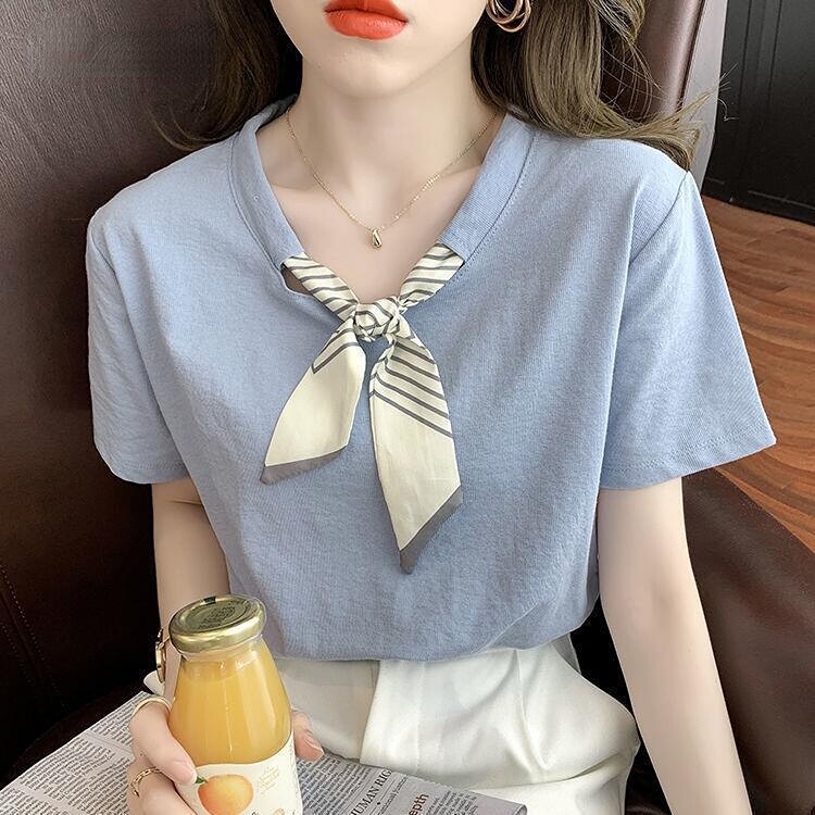 Áo Thun Cotton Tay Ngắn Cổ Tròn Thiết Kế Thắt Cà Vạt Thời Trang Phong Cách Hàn Quốc Cho Nữ
