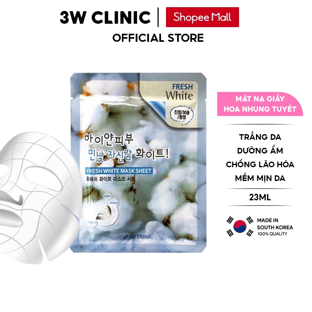 Mặt nạ giấy dưỡng da 3W Clinic Hàn Quốc chiết xuất từ Hoa Nhung Tuyết giúp da trắng sáng và mềm mịn da Lẻ Miếng 23ml