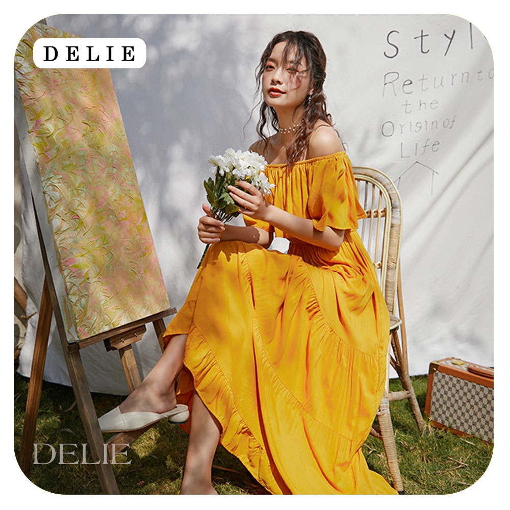 Đầm maxi vàng trễ vai DELIE váy đi biển kiểu pháp dáng dài mịn mát tôn dáng VK01