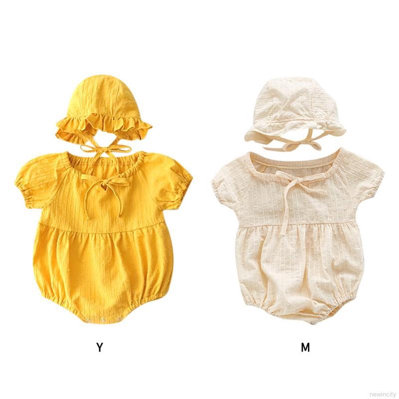 Set jumpsuit cổ tròn tay phồng + nón cho bé
