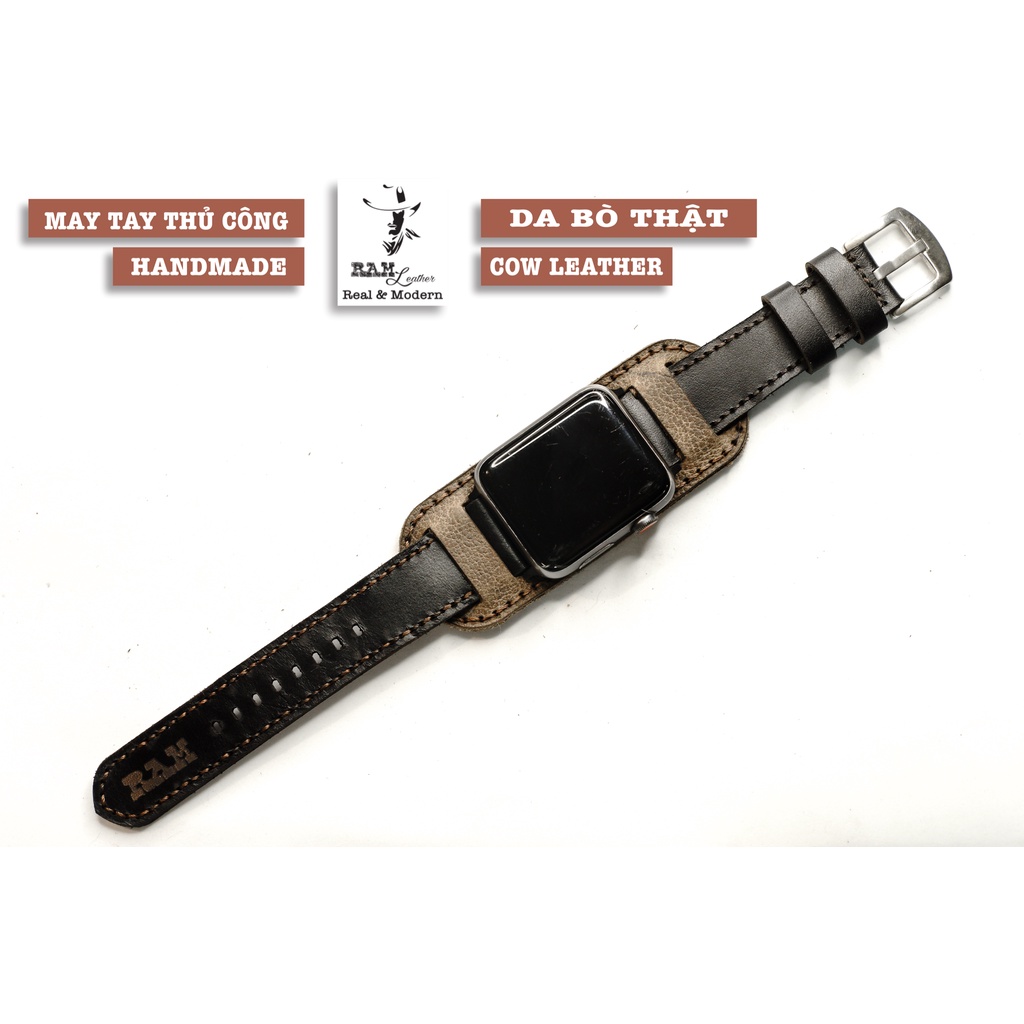 Dây apple watch da bò đen handmade bền chắc cực đẹp RAM Leather bundstrap b1 black - tặng khóa chốt và adapter