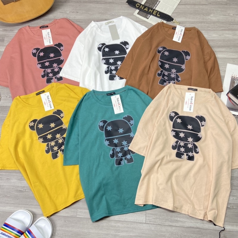 Áo phông cotton phom thụng tay lỡ hình người máy đen Áo thun nữ dáng rộng