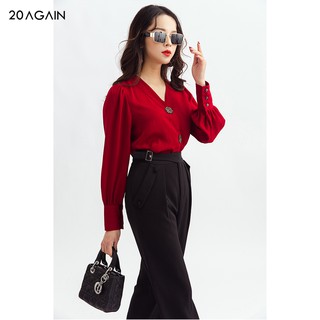 Áo sơ mi nữ công sở 20AGAIN màu đỏ, đủ size, dài tay trang trí khuy to ASA1007