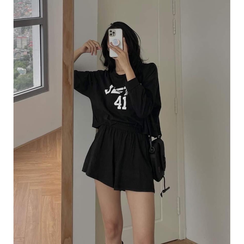 Bộ Quần Short Áo Thun JETS 41 🦋 Set Quần Cộc Áo Dài Tay In Chữ Chất Cotton 2 Màu 🦋