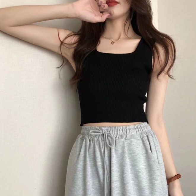 Áo croptop nữ dệt ngắn kim màu trơn Hàn Quốc đen không tay kiểu ôm body tank top vải cotton co giãn tốt
