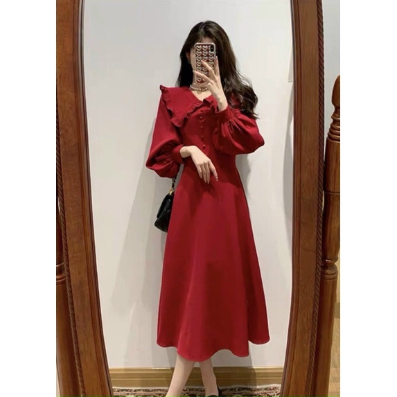 Đầm đỏ cổ tròn bèo nút bọc,váy nữ dài đi chơi noel đi tiệc hay đi làm đều xinh