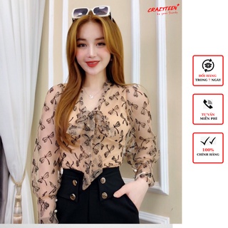 Áo kiểu lưới tay dài nữ crazyteen họa tiết cổ cột nơ a0212
