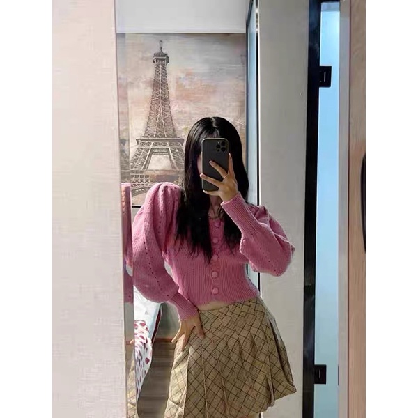 Áo len cadigan cổ V tay phồng