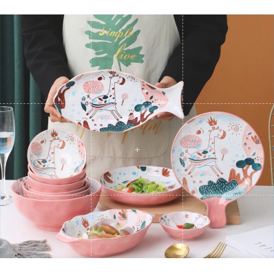 Bộ Chén Sứ Bát Ăn Cơm Bộ Bát Đĩa Decor Chén Dĩa Sứ Set Hươu Hồng Dễ Thương Cute Cao Cấp B80