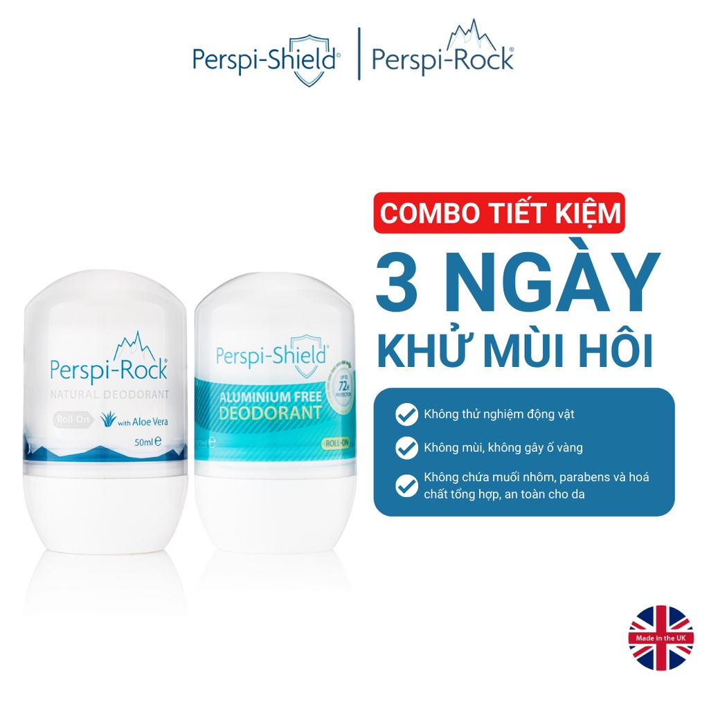 Combo Lăn khử mùi Perspi-Rock 50ml + Lăn khử mồ hôi 72h không muối nhôm Perspi-Shield 50ml