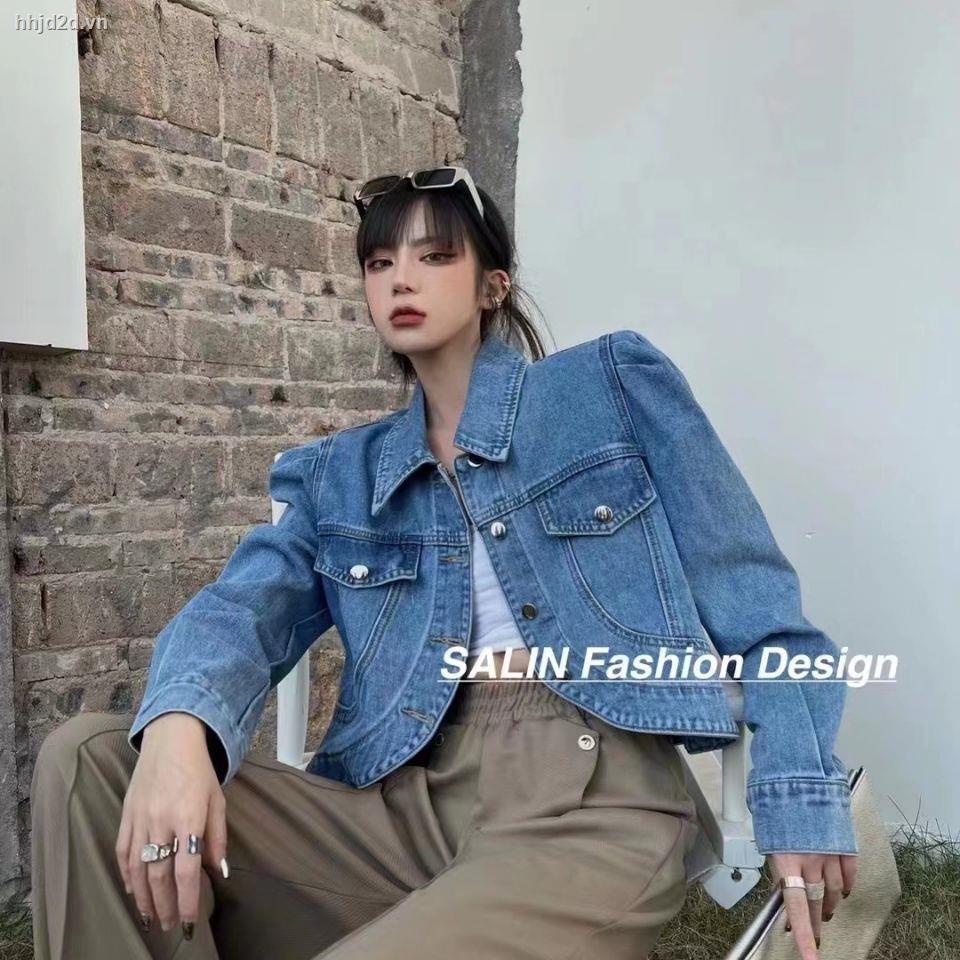 Áo Khoác Denim Ngắn Lưng Tay Phồng Thời Trang Hàn Quốc Cho Nữ