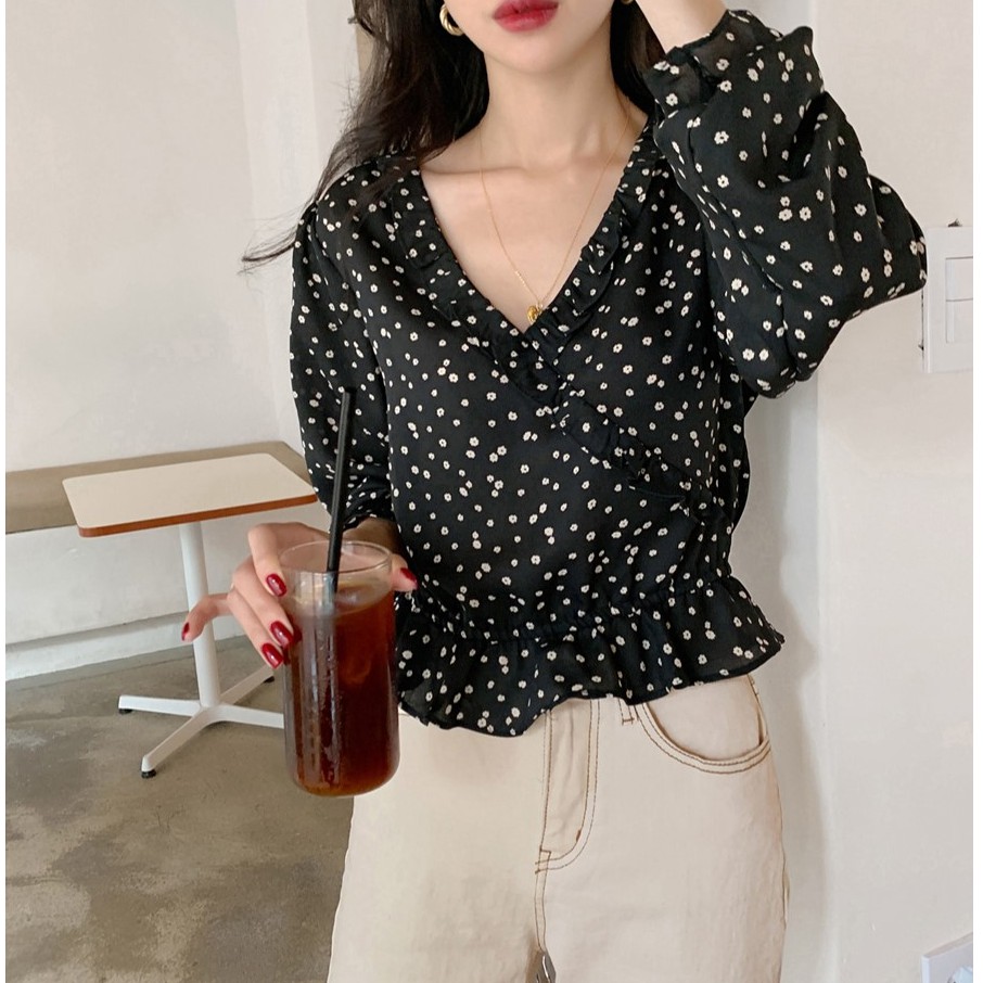 Áo Kiểu Tay Dài Hoạ Tiết Hoa Thiết Kế Cổ Chữ V Nữ Tính 30874