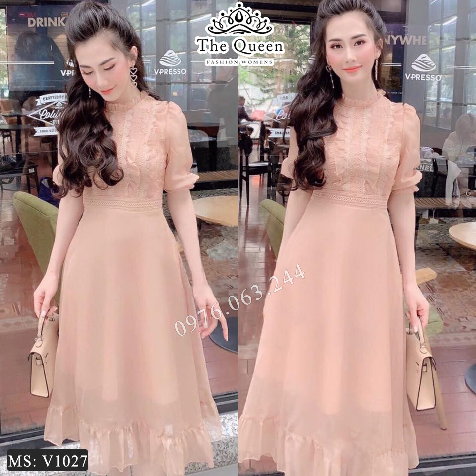 Đầm tiểu thư dáng xòe V1027 màu hường sang chảnh - The Queen Fashion - Có ảnh trải thảm