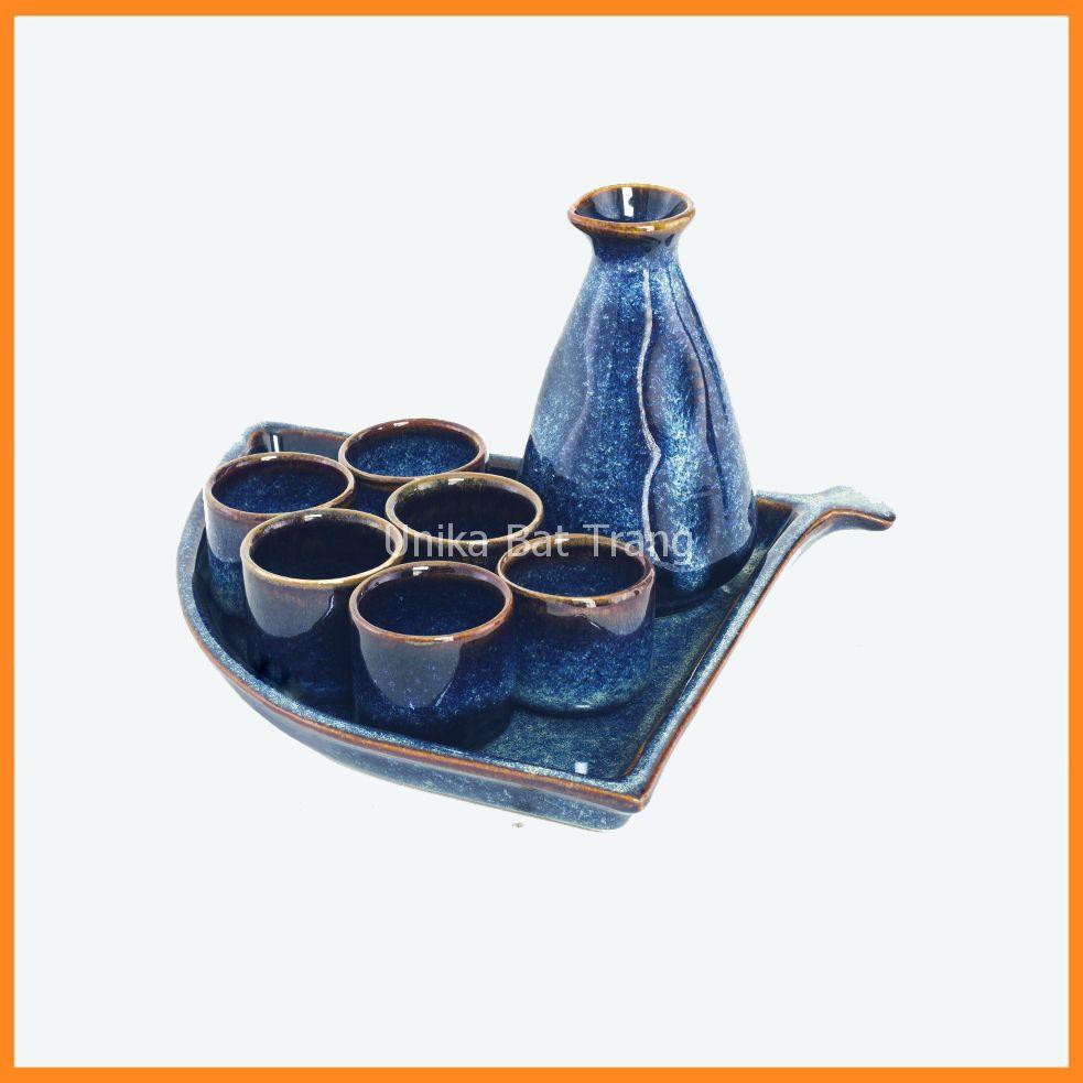 Bộ Bình Chén Rượu Sake Men Xanh Hoả Biến - Bộ Bình Đựng Rượu Sake  Cao Cấp - Gốm Sứ Bát Tràng