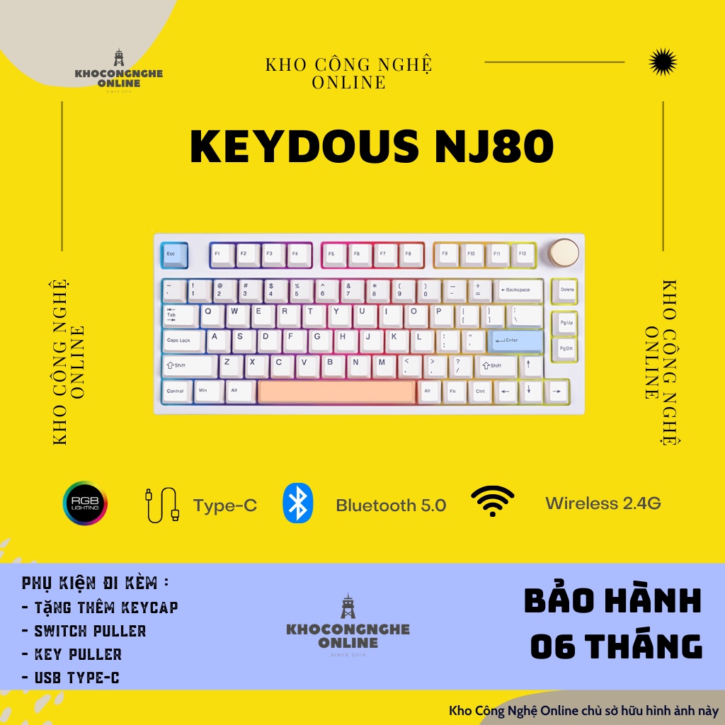 Bàn phím cơ Keydous NJ80 RGB HOTSWAP - Bàn phím cơ không dây NJ80 Bluetooth 5.0 / Wireless 2.4G / Dây type C